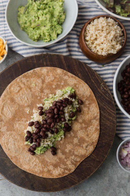 Black Bean Burrito with Guacamole and Brown Rice