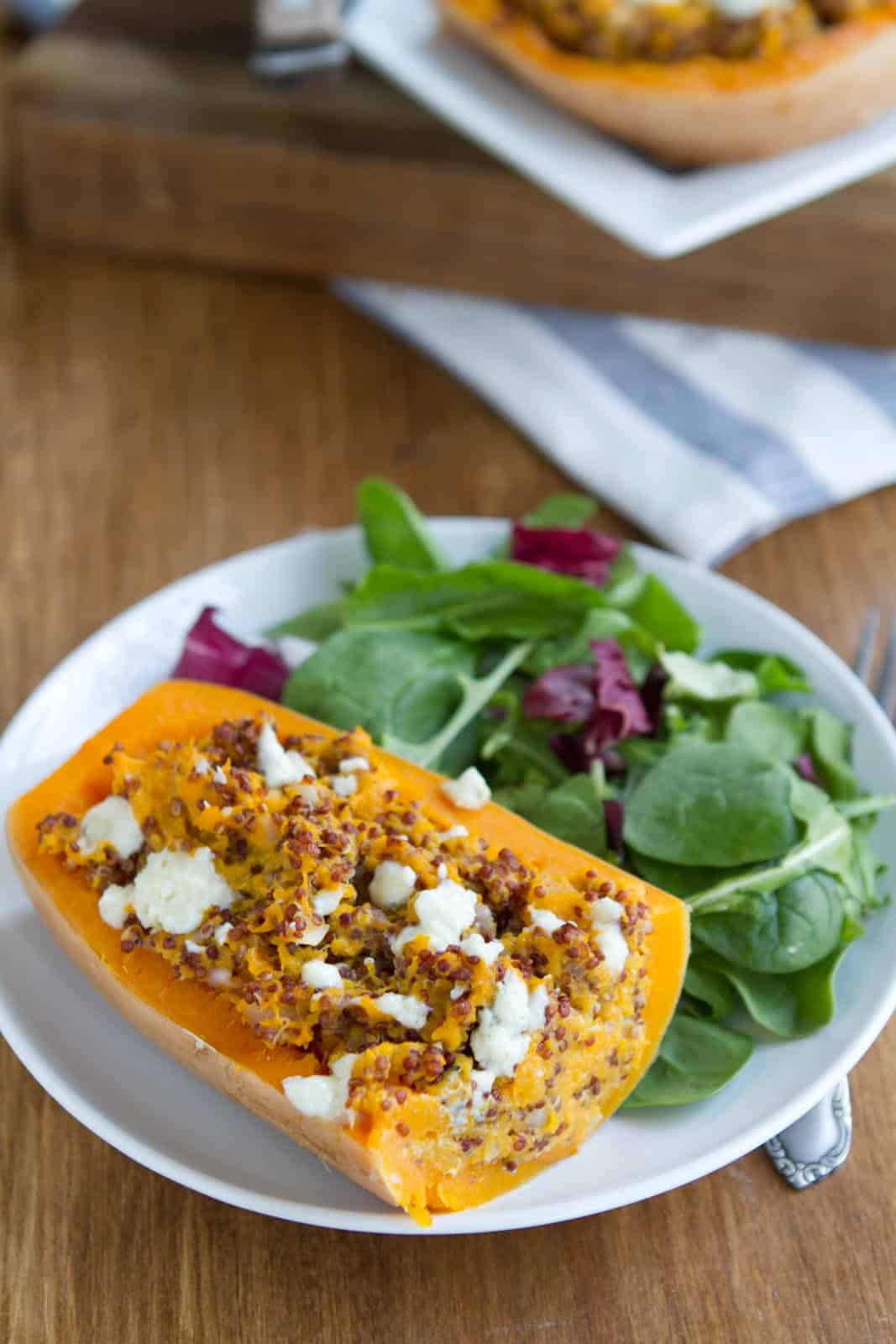 Twice Baked Butternut Squash with Quinoa and Gorgonzola