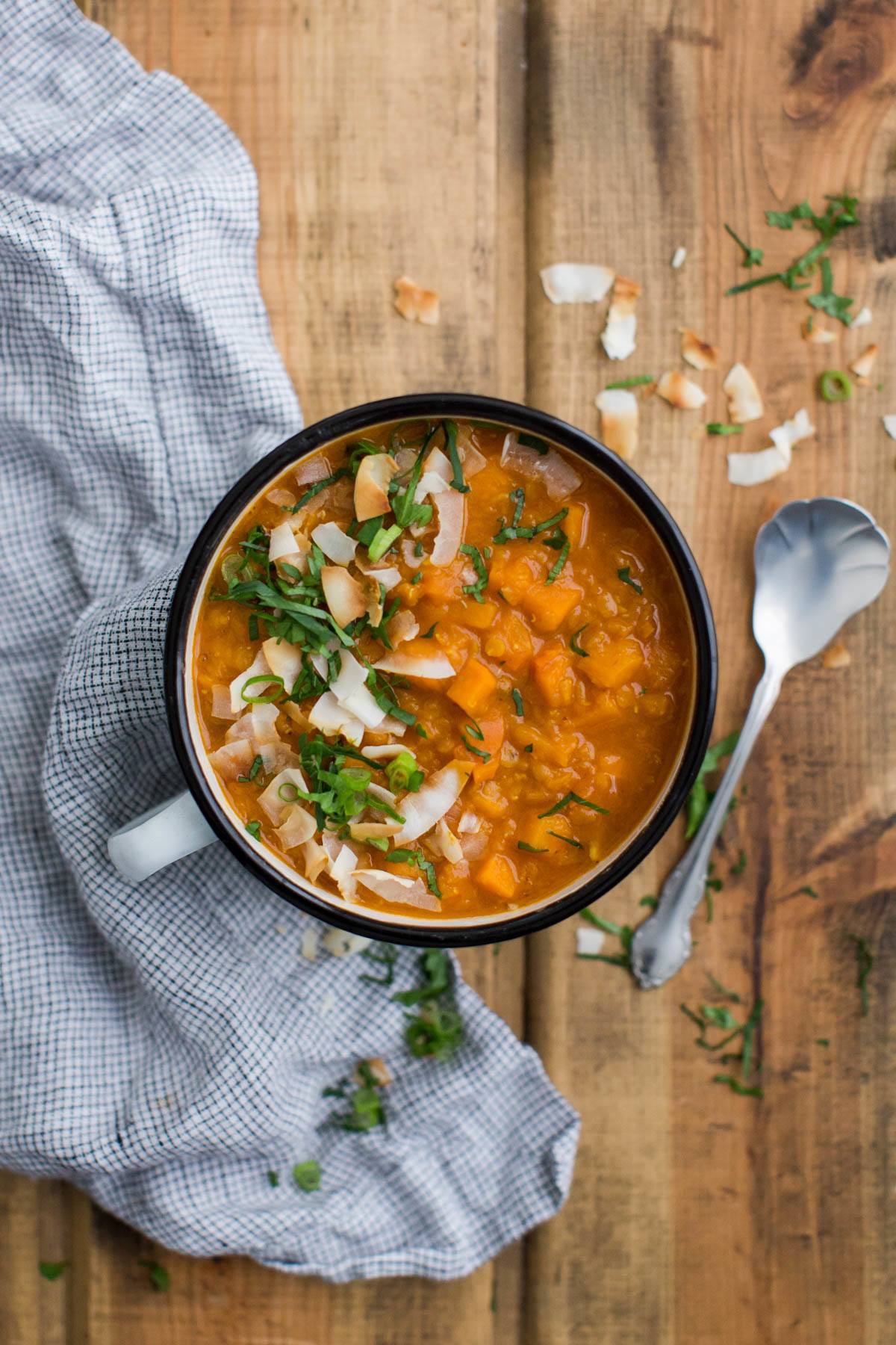 Coconut Red Lentil Soup with Sweet Potatoes