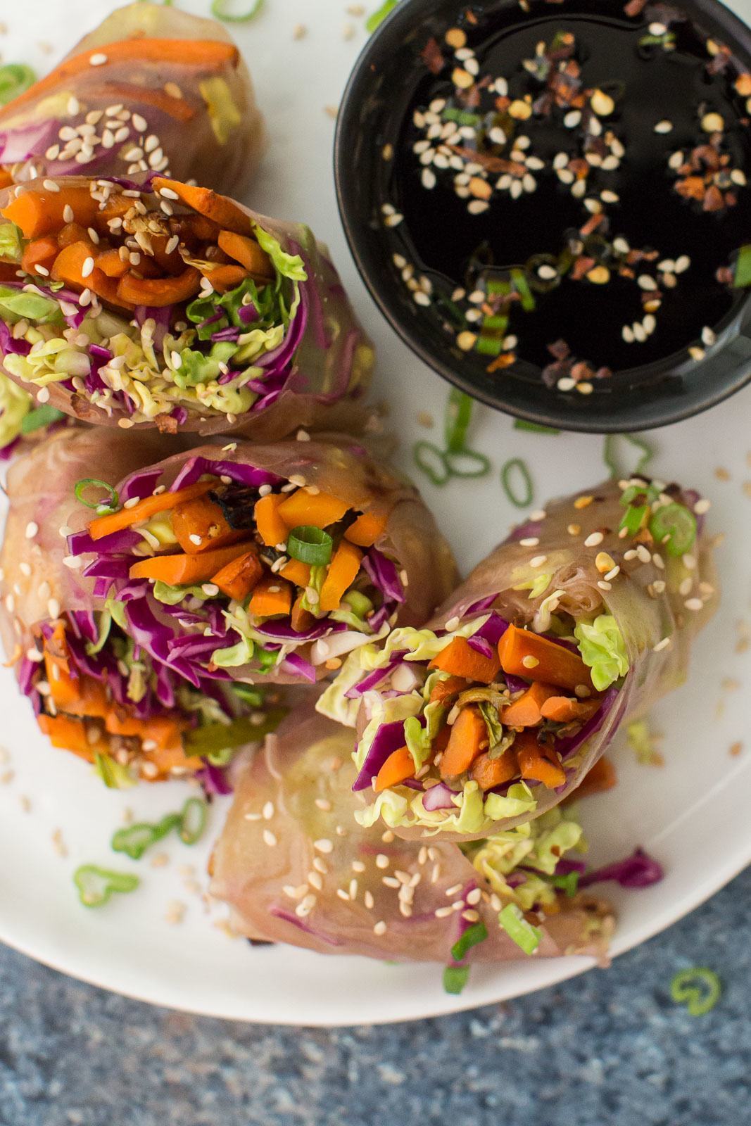 Roasted Carrot Summer Rolls with Scallions and Cabbage