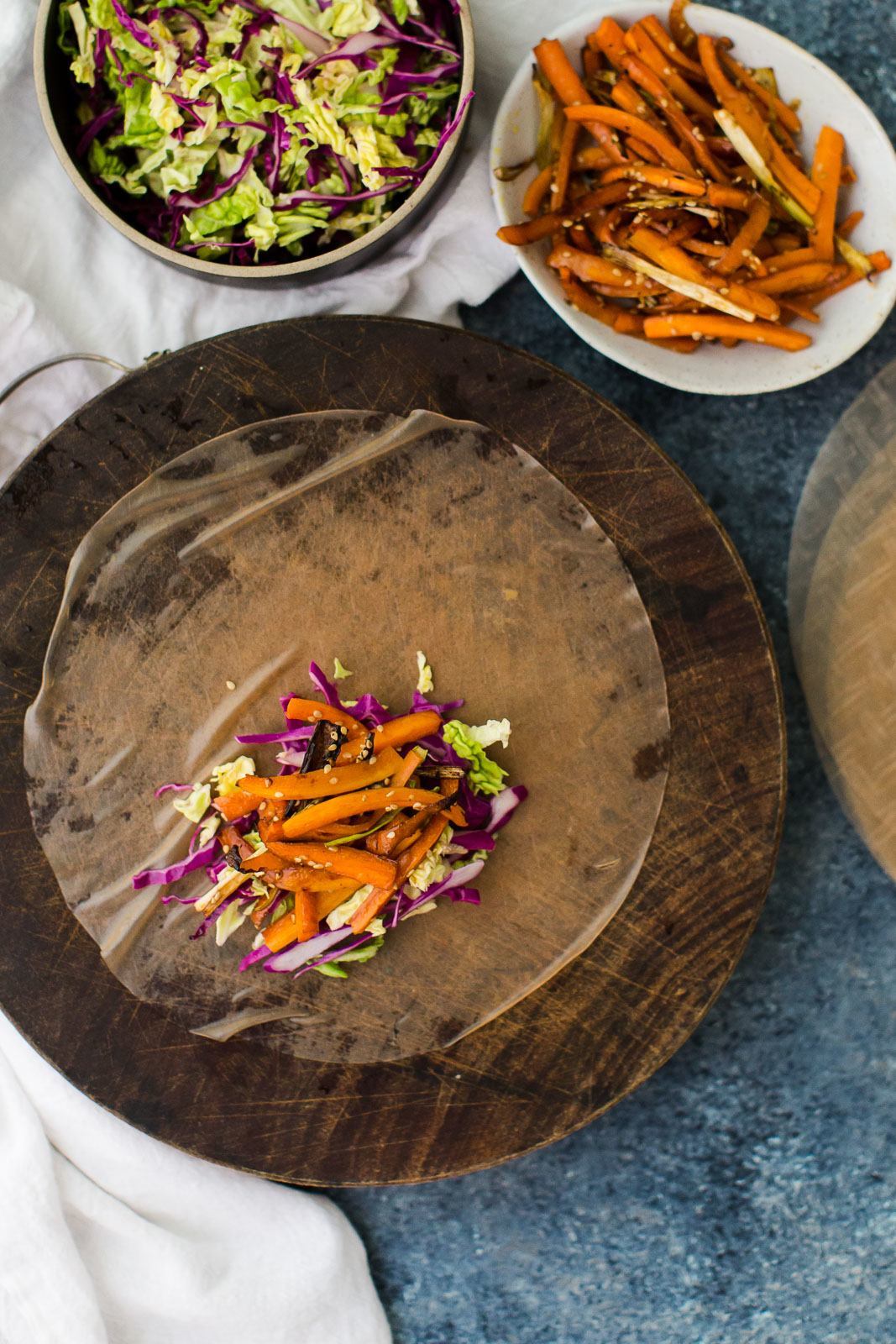 Roasted Carrot Summer Rolls with Scallions and Cabbage