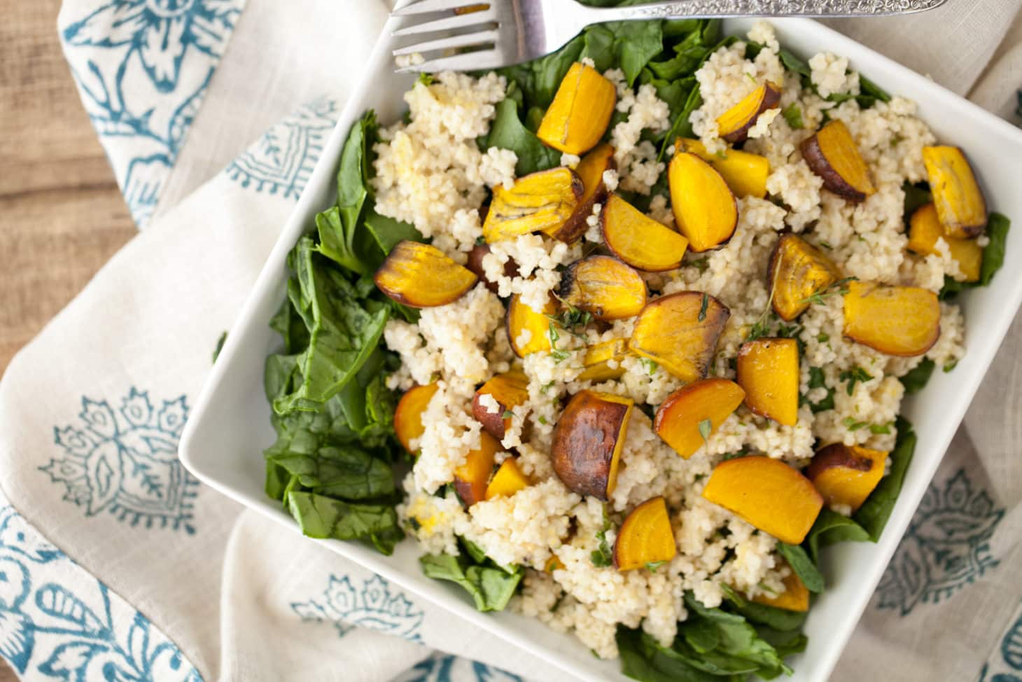 Roasted Golden Beet and Millet Spinach Salad with Herb Dressing