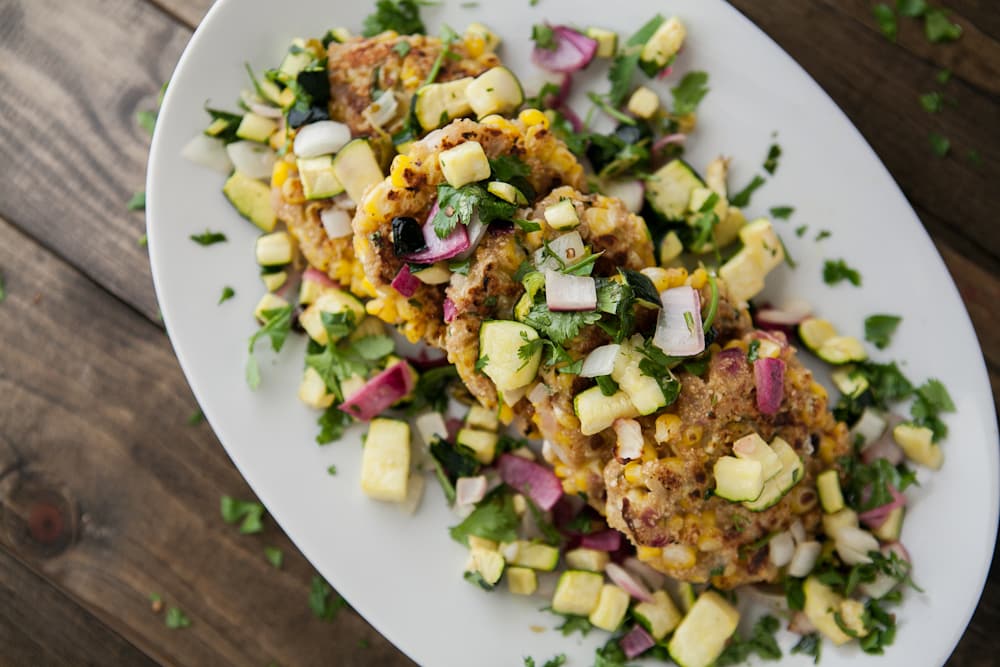 corn cakes with zucchini salsa- Sweet Corn Recipes | http://naturallyella.com