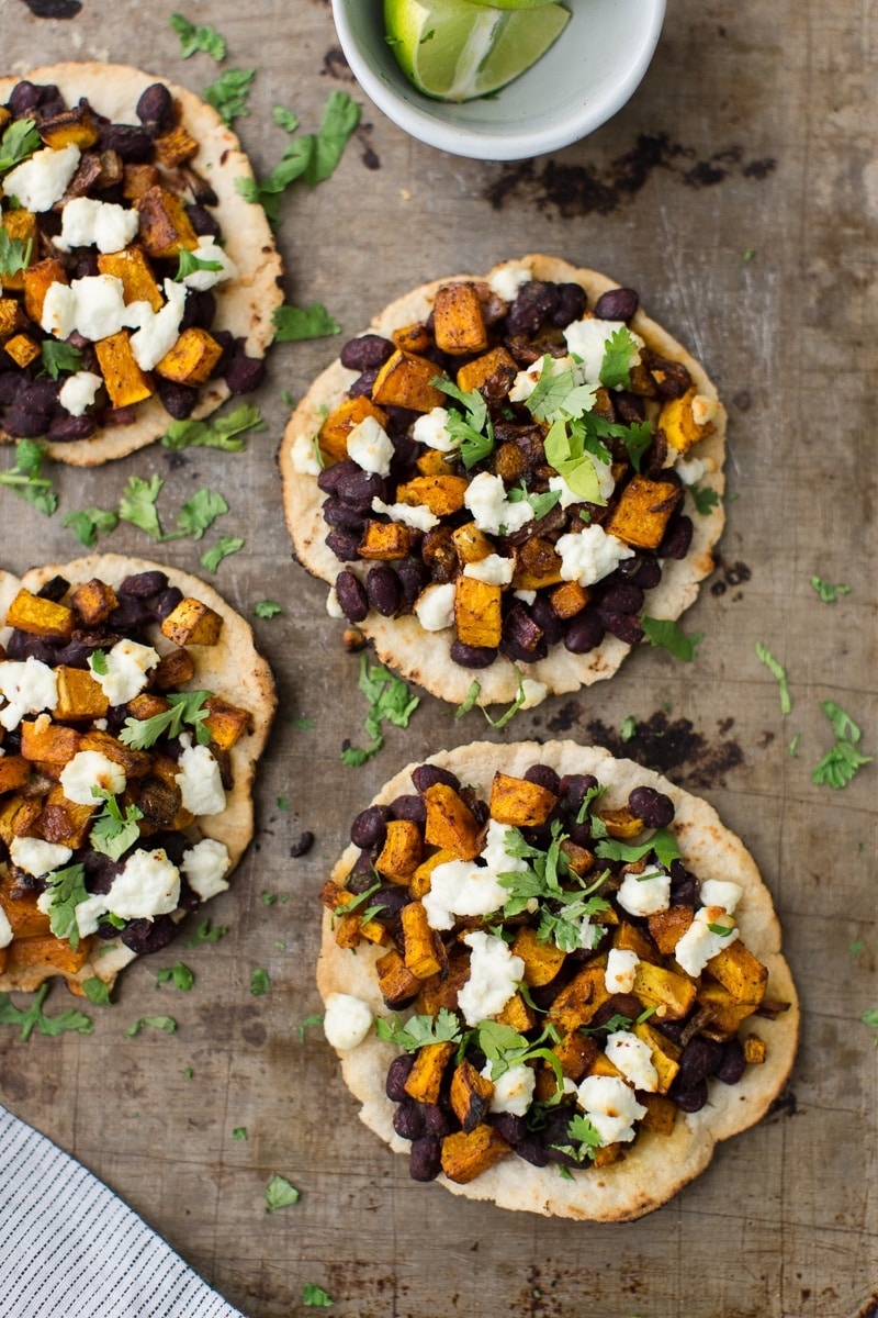 Black Bean Tostadas with Chipotle Butternut Squash and Goat Cheese | http://naturallyella.com