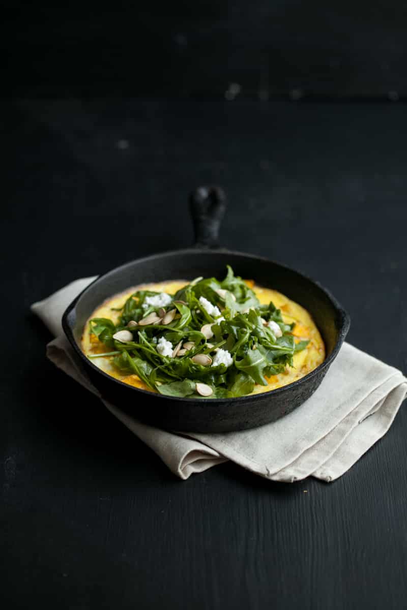 Roasted Pumpkin Frittata with Goat Cheese and Arugula Salad