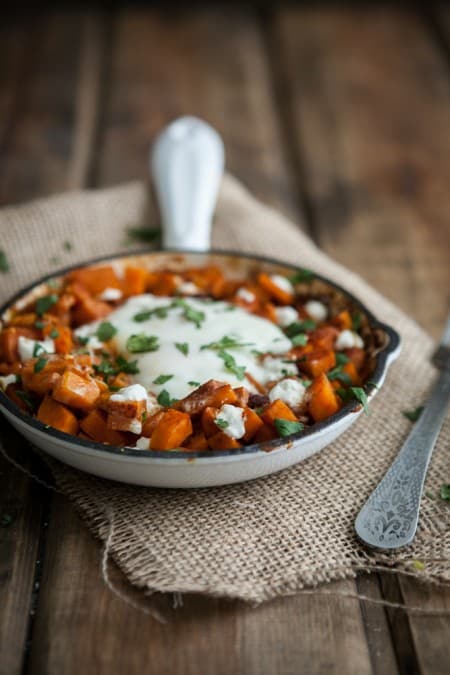 Spiced Sweet Potato and Goat Cheese Egg Skillet