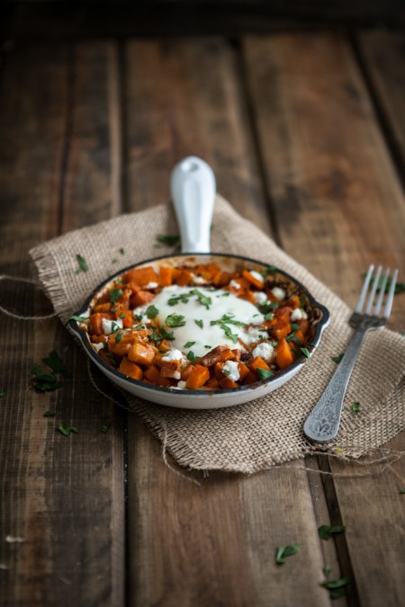 Spiced Sweet Potato and Goat Cheese Egg Skillet