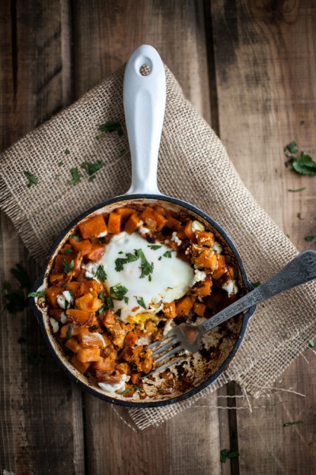 Spiced Sweet Potato and Goat Cheese Egg Skillet