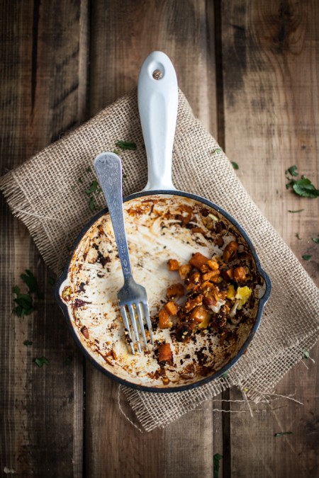 Spiced Sweet Potato and Goat Cheese Egg Skillet