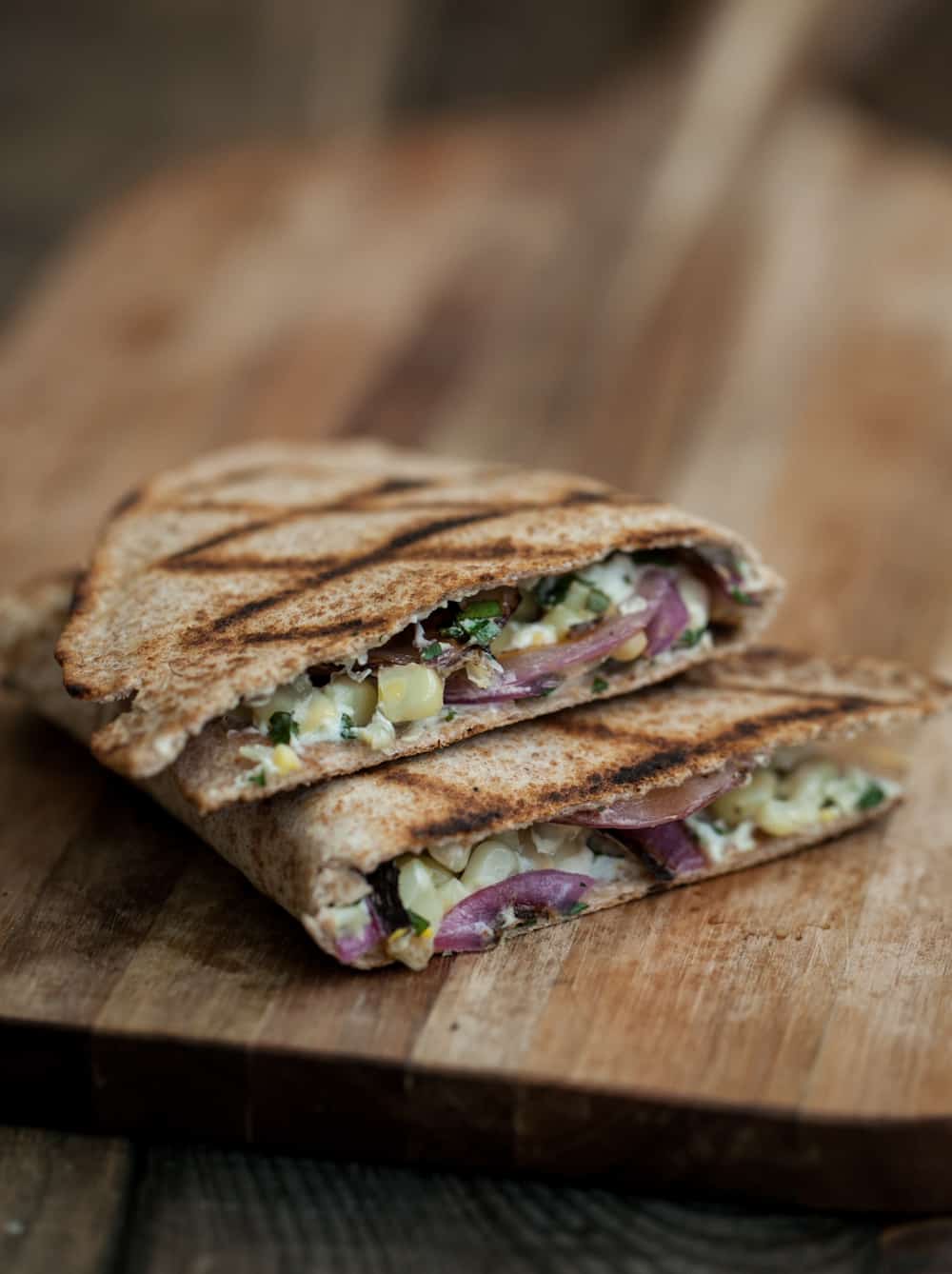 Grilled Corn, Onion, and Whipped Cilantro Goat Cheese Quesadilla 