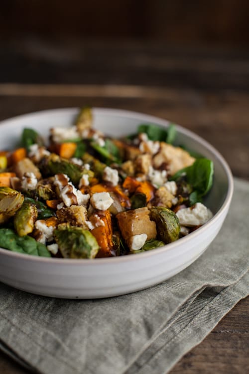 Roasted Sweet Potato and Brussels Sprout Cornbread Panzanella Salad with Blue Cheese and a Maple Mustard Vinaigrette