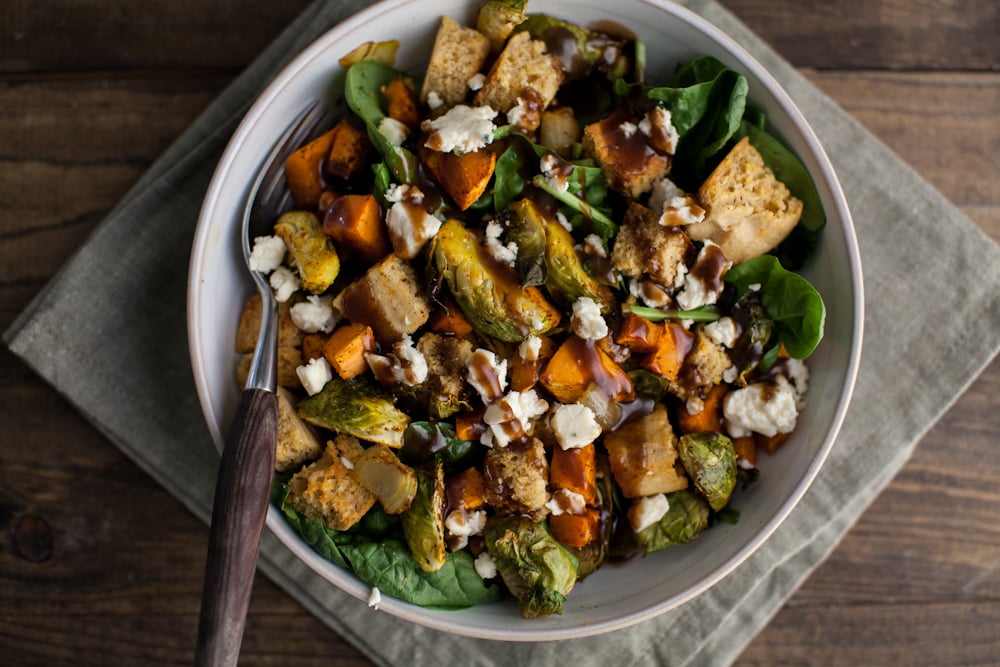 Roasted Sweet Potato and Brussels Sprout Cornbread Panzanella Salad with Blue Cheese and a Maple Mustard Vinaigrette