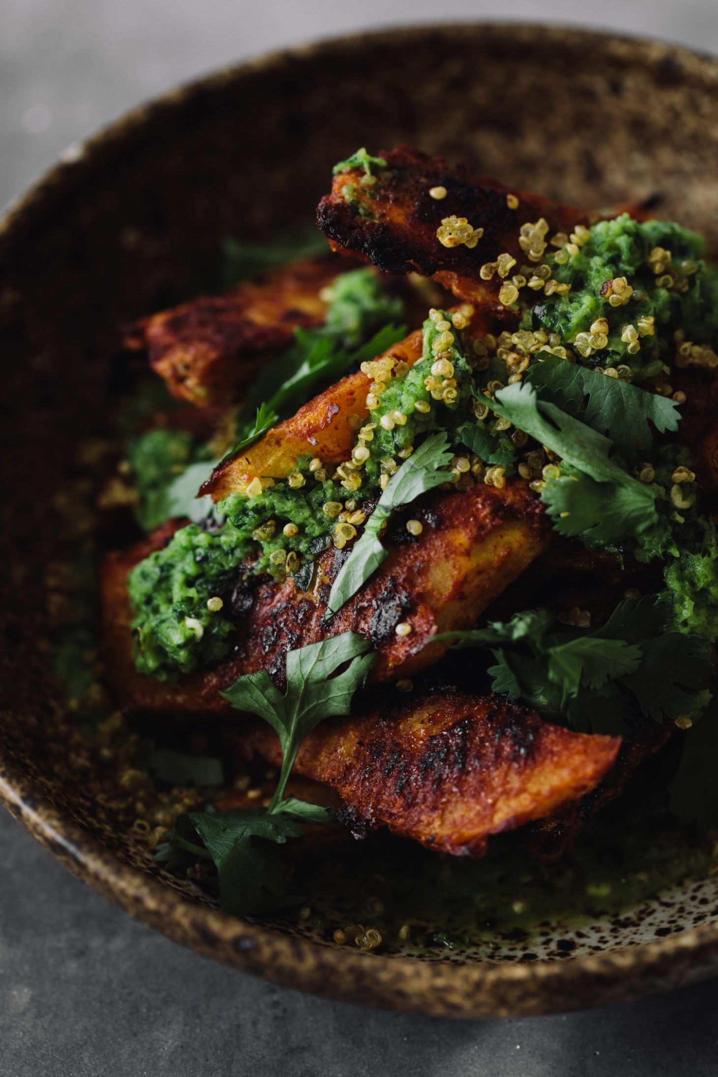 Adobo Acorn Squash, Crispy Quinoa, and Chimichurri