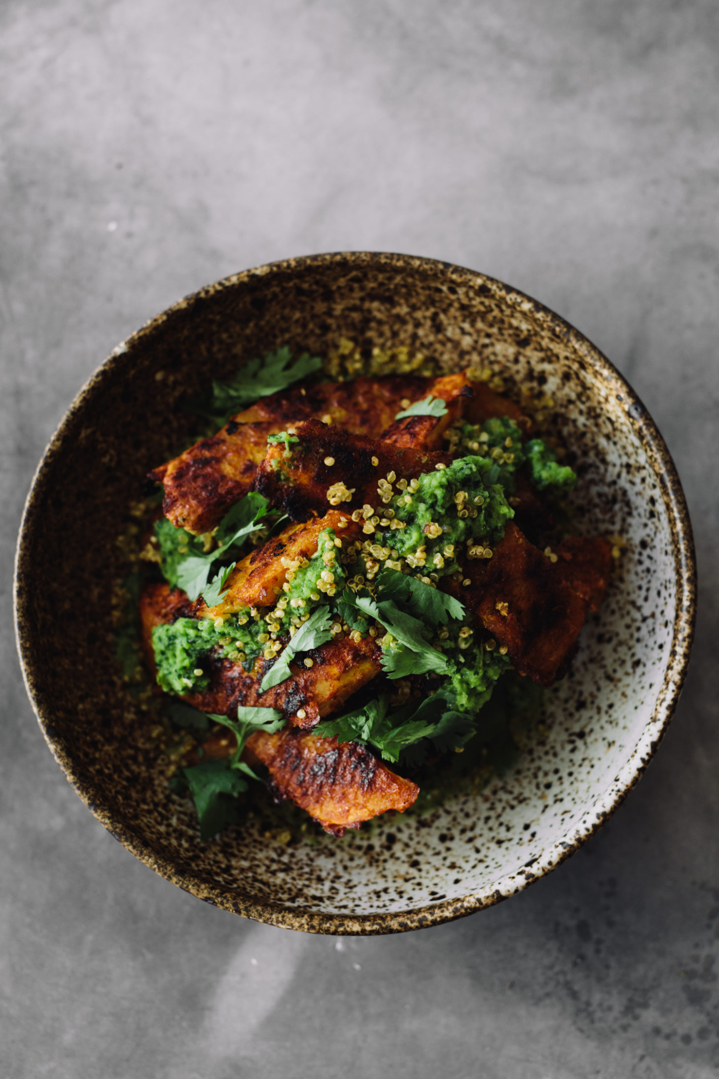 Adobo Acorn Squash, Crispy Quinoa, and Jalapeño Chimichurri