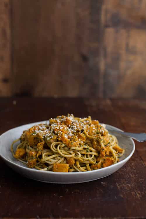 Roasted Butternut Squash and Udon Noodles with Cilantro-Tahini Sauce