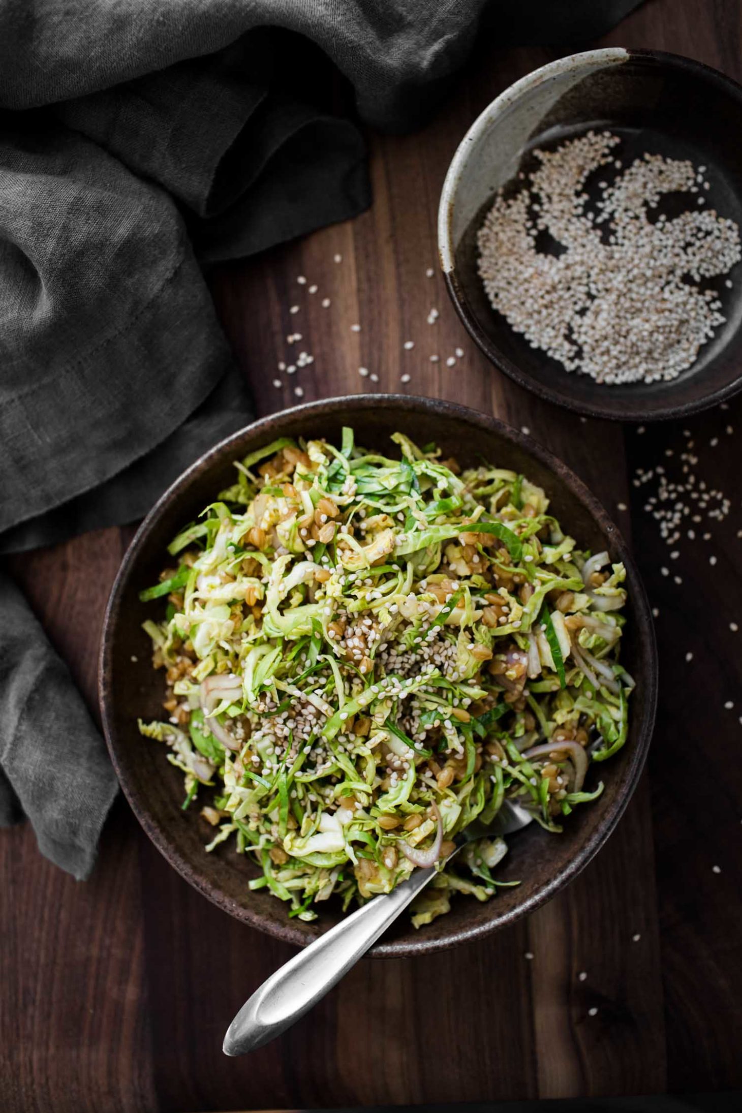 Shaved Brussels Sprout Salad with Einkorn and Soy-Mustard Dressing | Naturally Ella