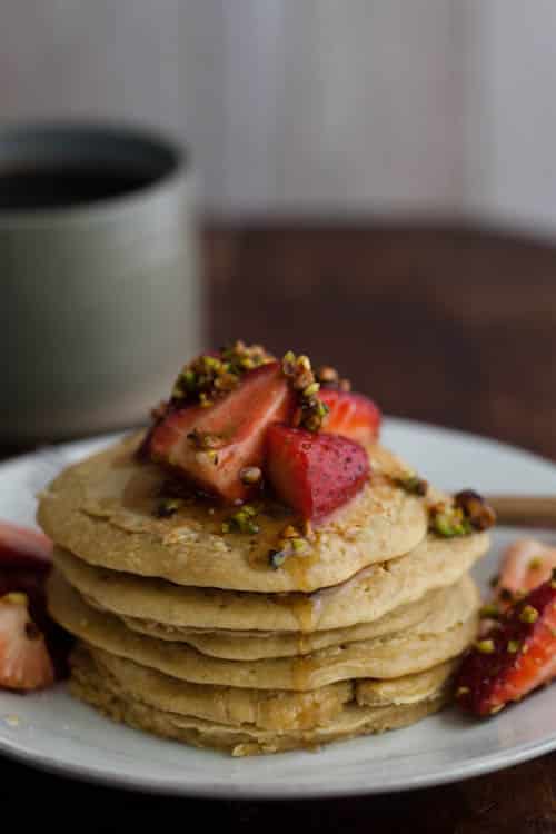 Wheat Pancakes with Strawberry-Pistachio Topping