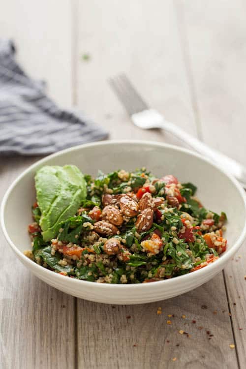 Avocado Spinach Salad with Sesame Roasted Almonds