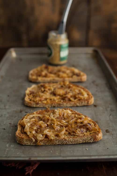 Caramelized Onion, Mustard, and Cheese Toast (with pickles)