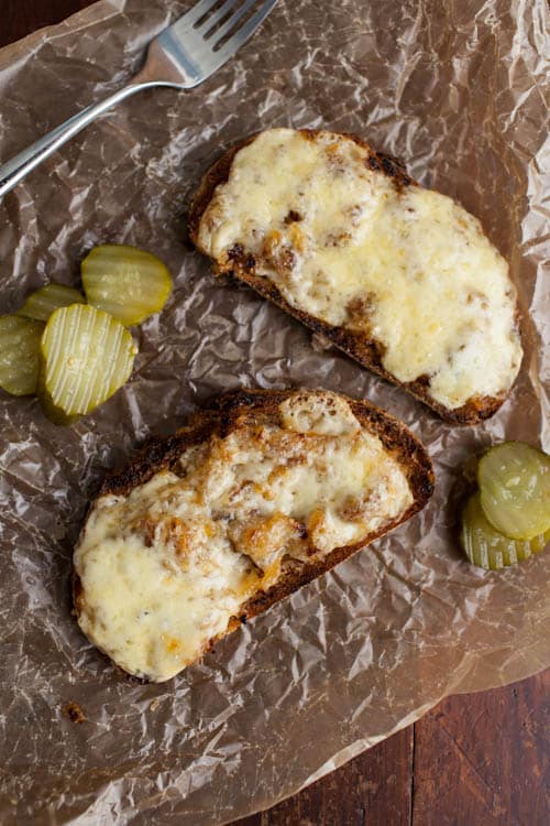 Caramelized Onion, Mustard, and Cheese Toast (with pickles)