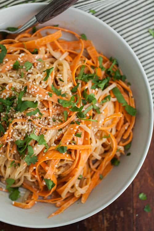 Carrot Rice Noodle Bowl with Tahini-Sriracha Sauce