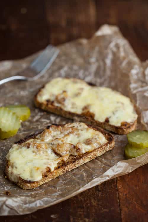 Caramelized Onion, Mustard, and Cheese Toast (with pickles)