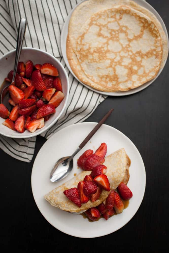 Rye Crepes with Sorghum-Bourbon Strawberries + Ice Cream 