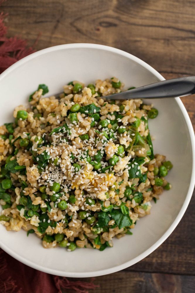 Spinach and Green Pea Fried Rice Bowl