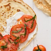 Gluten Free Oat Crepes with Tomatoes, Basil, and Goat Cheese