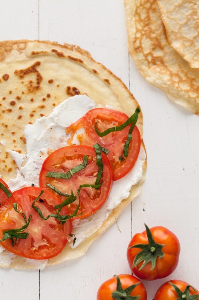 Gluten Free Oat Crepes with Tomatoes, Basil, and Goat Cheese