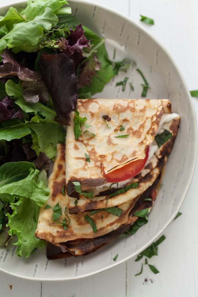 Oat Crepes with Tomatoes, Basil, and Goat Cheese