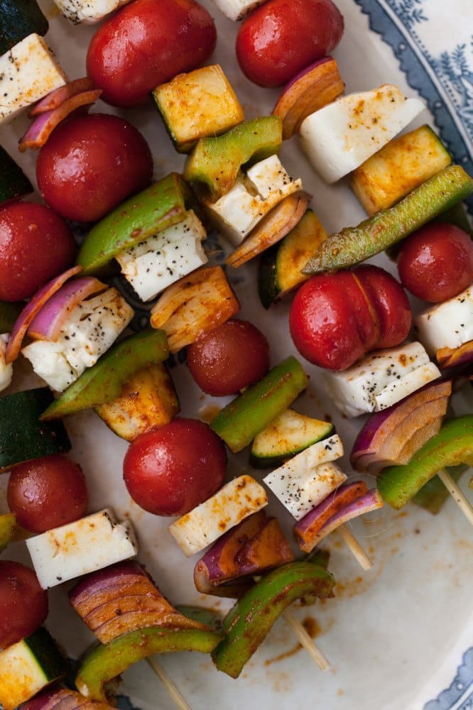 Halloumi-and-Vegetable Skewers with Pomegranate-Tahini Sauce