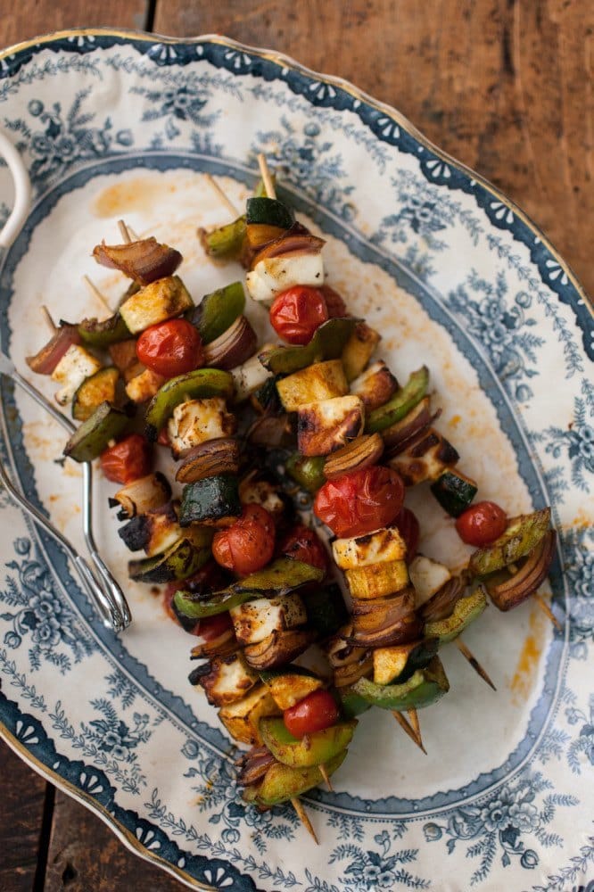 Halloumi-and-Vegetable Skewers with Pomegranate-Tahini Sauce