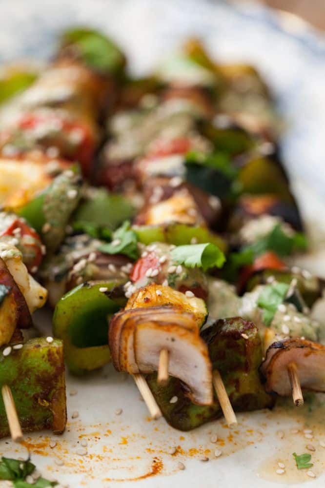 Grilled Halloumi Skewers with Cilantro-Tahini Sauce