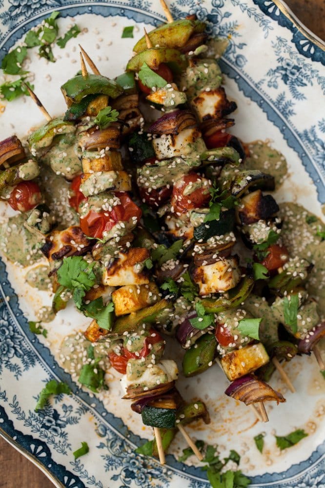 Grilled Halloumi Skewers with Cilantro-Tahini Sauce