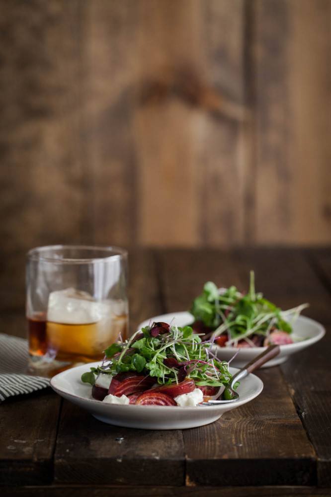 Roasted Beets and Burrata, and Dressed Micro Greens