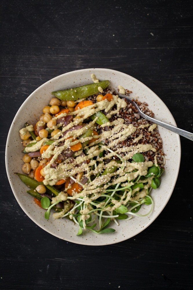 Roasted Vegetable + Chickpea Bowl with Cilantro Cashew Cream