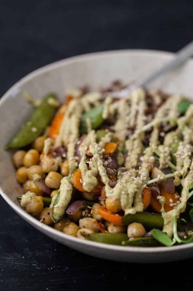 Roasted Vegetable + Chickpea Bowl with Cilantro Cashew Cream