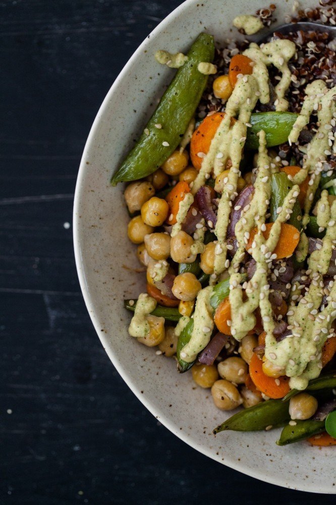 Roasted Vegetable + Chickpea Bowl with Cilantro Cashew Cream