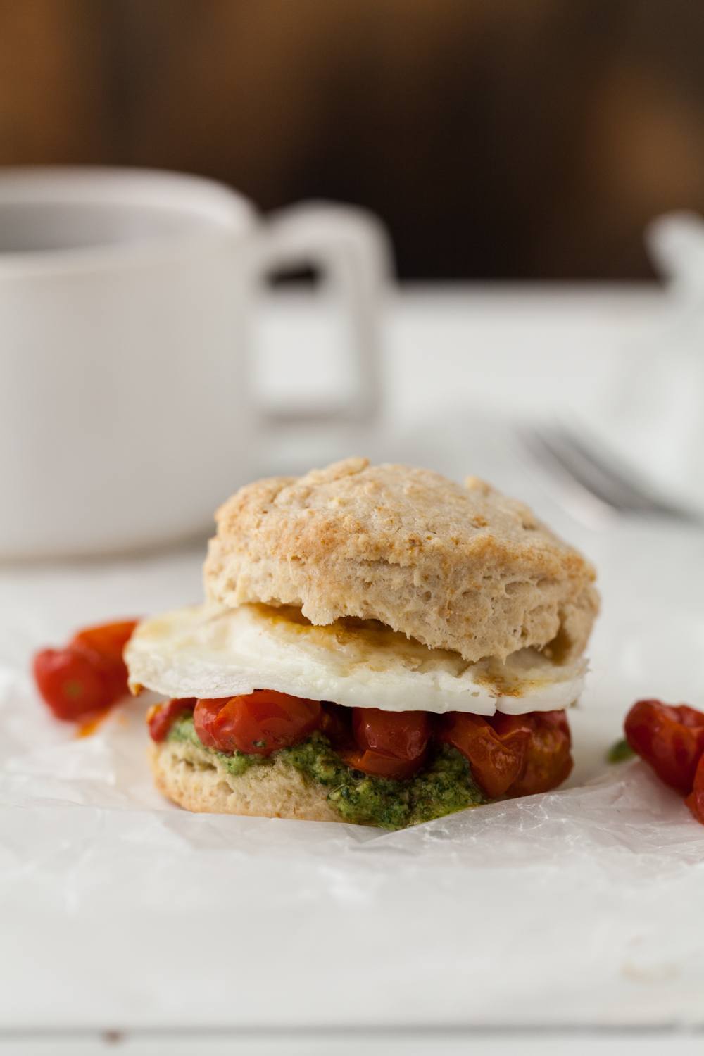 Egg, Roasted Tomato, and Pesto Biscuit Sandwich