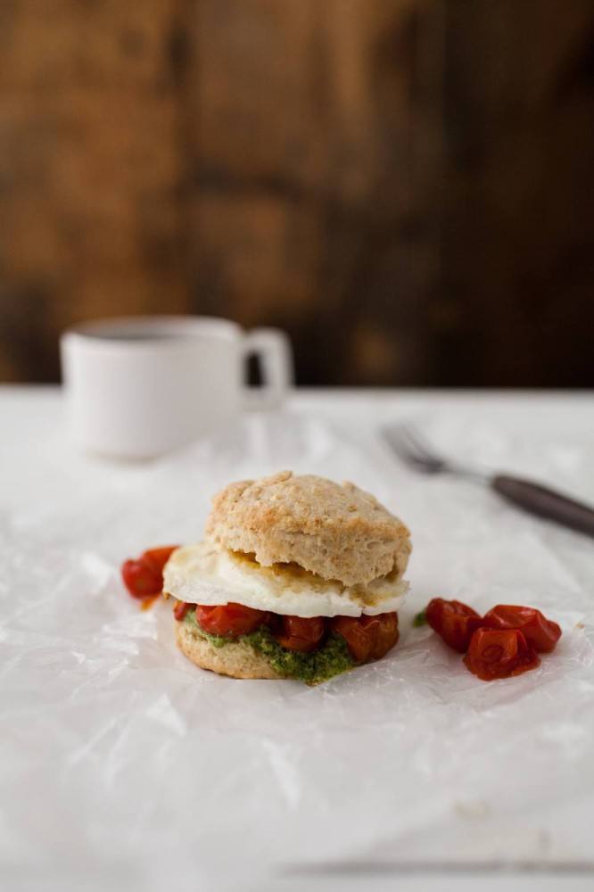 Egg, Roasted Tomato, and Pesto Biscuit Sandwich