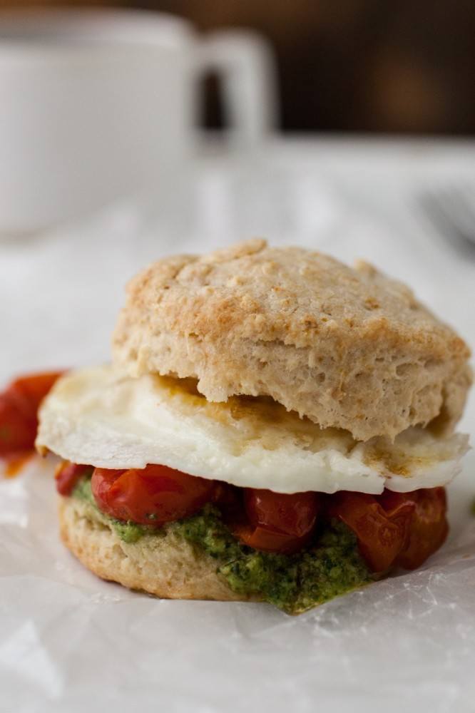 Egg, Roasted Tomato, and Pesto Biscuit Sandwich