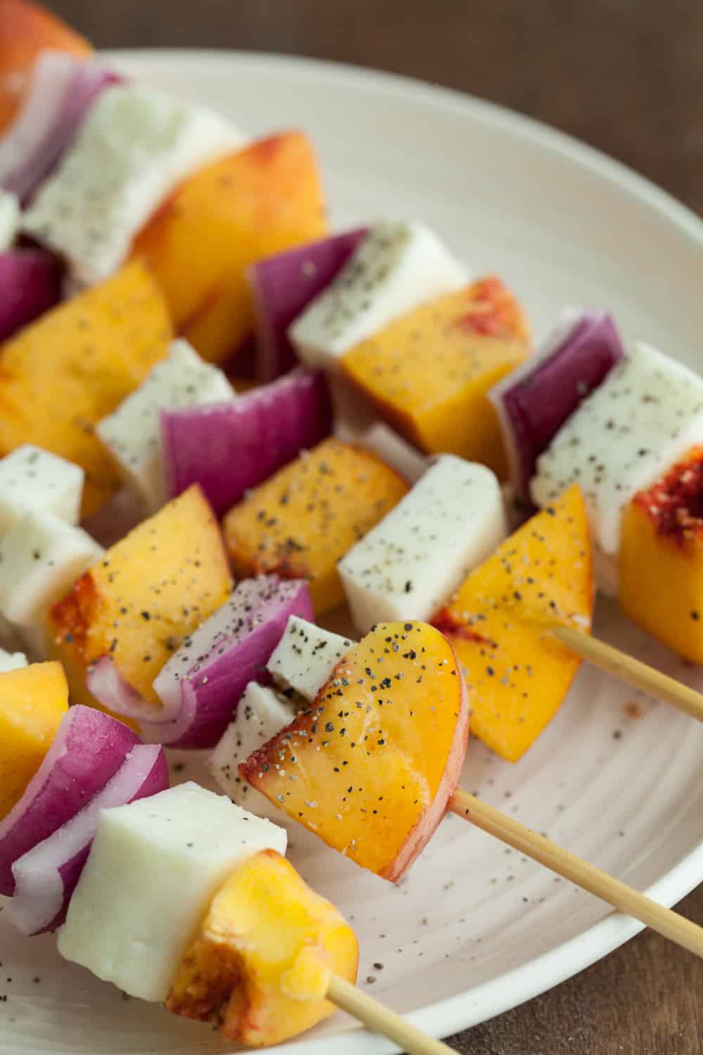 Grilled Peach and Halloumi Skewers with Basil-Jalapeno Sauce