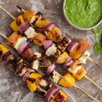 Grilled Peach and Halloumi Skewers with Basil-Jalapeno Sauce