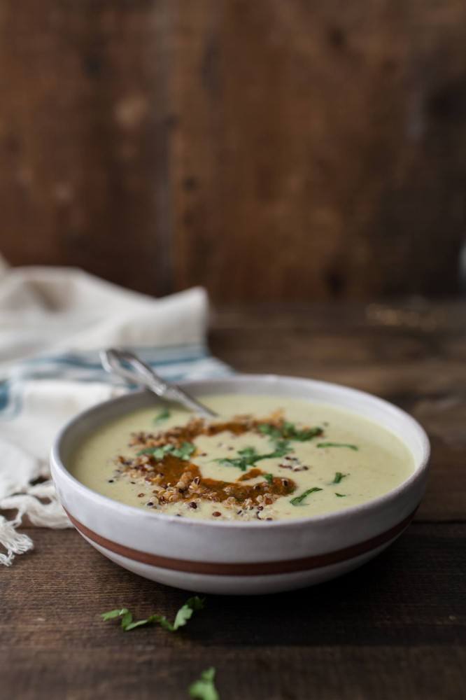 Sweet Corn Soup with Harissa  and quinoa