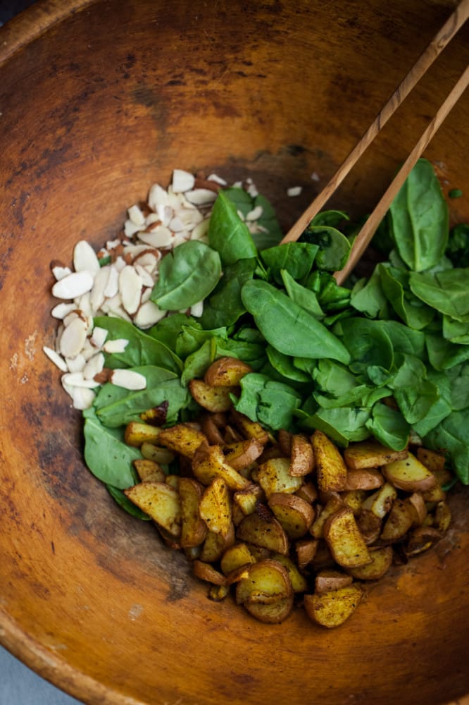 Curried Red Potato Spinach Salad with Almonds  | @naturallyella