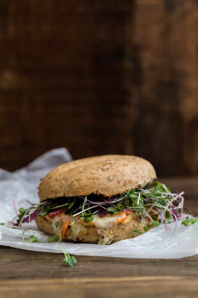 'Groovy' Bagel Melt with hummus, havarti, and vegetables