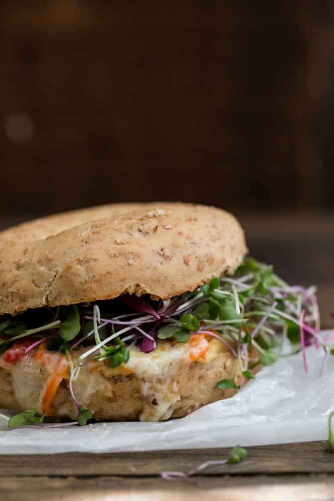 'Groovy' Bagel Melt with hummus, havarti, and vegetables