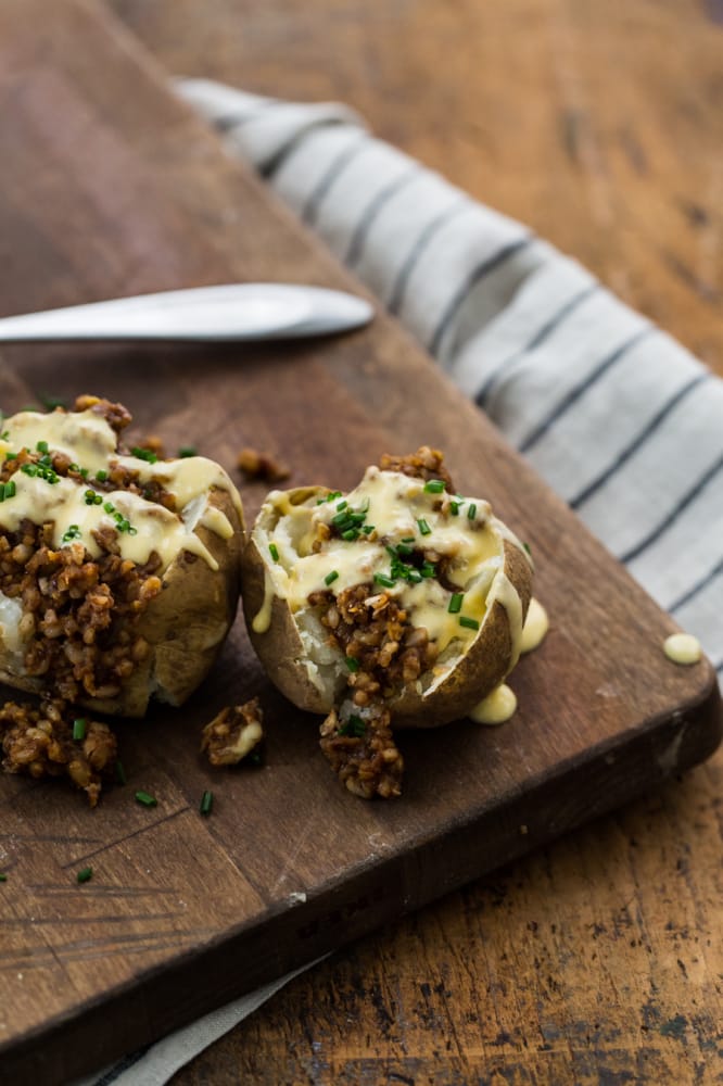 Cheesy BBQ Vegetarian Loaded Potatoes | Naturally Ella