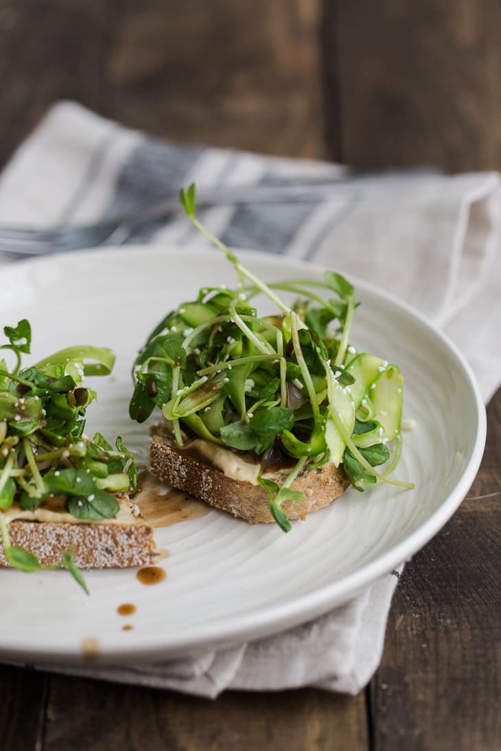 Pea Shoot and Asparagus Crostini with Hummus